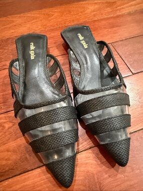 Cult Gaia Black Strappy Pointed Mules with Clear Panels